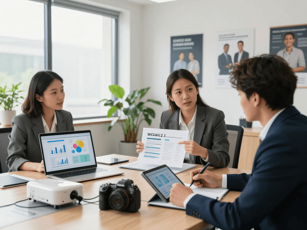 Branchenlösungen – Übersicht: Consulting-Szene mit Teamdiskussion über Datenschutz und Barrierefreiheit in modernem Büro.