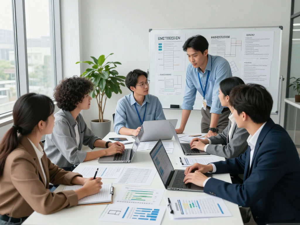 Branchenlösungen – Übersicht: Consulting team strategizing on data protection and digital accessibility solutions.