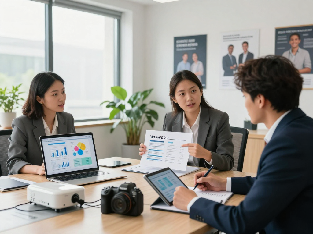 Branchenlösungen – Übersicht: Consulting-Szene mit Teamdiskussion über Datenschutz und Barrierefreiheit in modernem Büro.