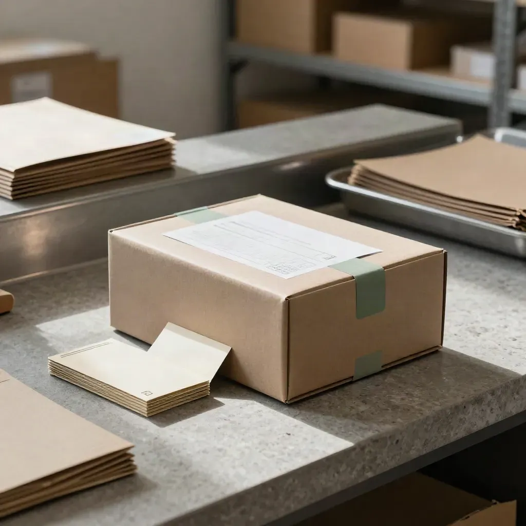 Starter-Kit-Box mit Mailern und Karten auf Steintheke im Versandbereich