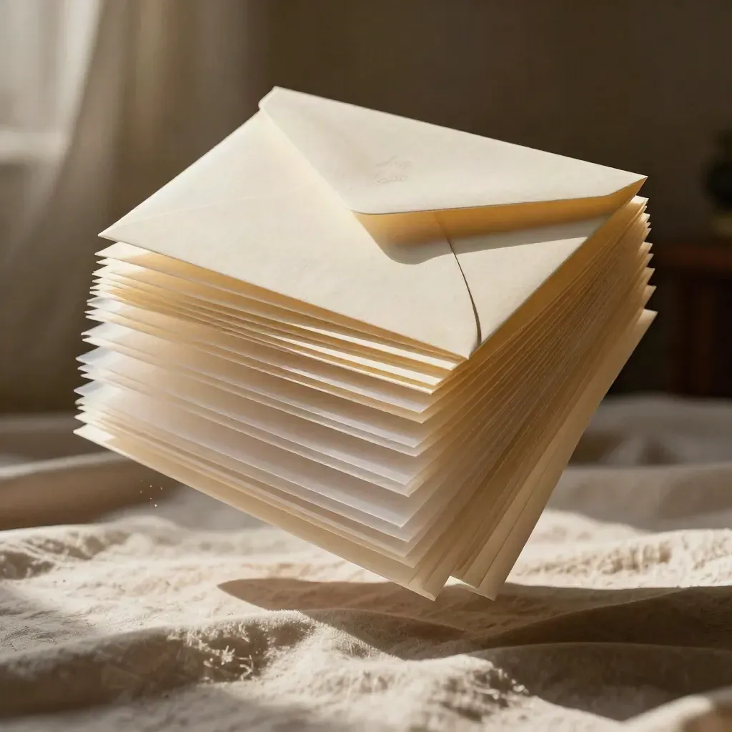 Schwebender Schutzleitfaden aus Cremepapier mit Trennblättern und Umschlag auf weichem Stoff.