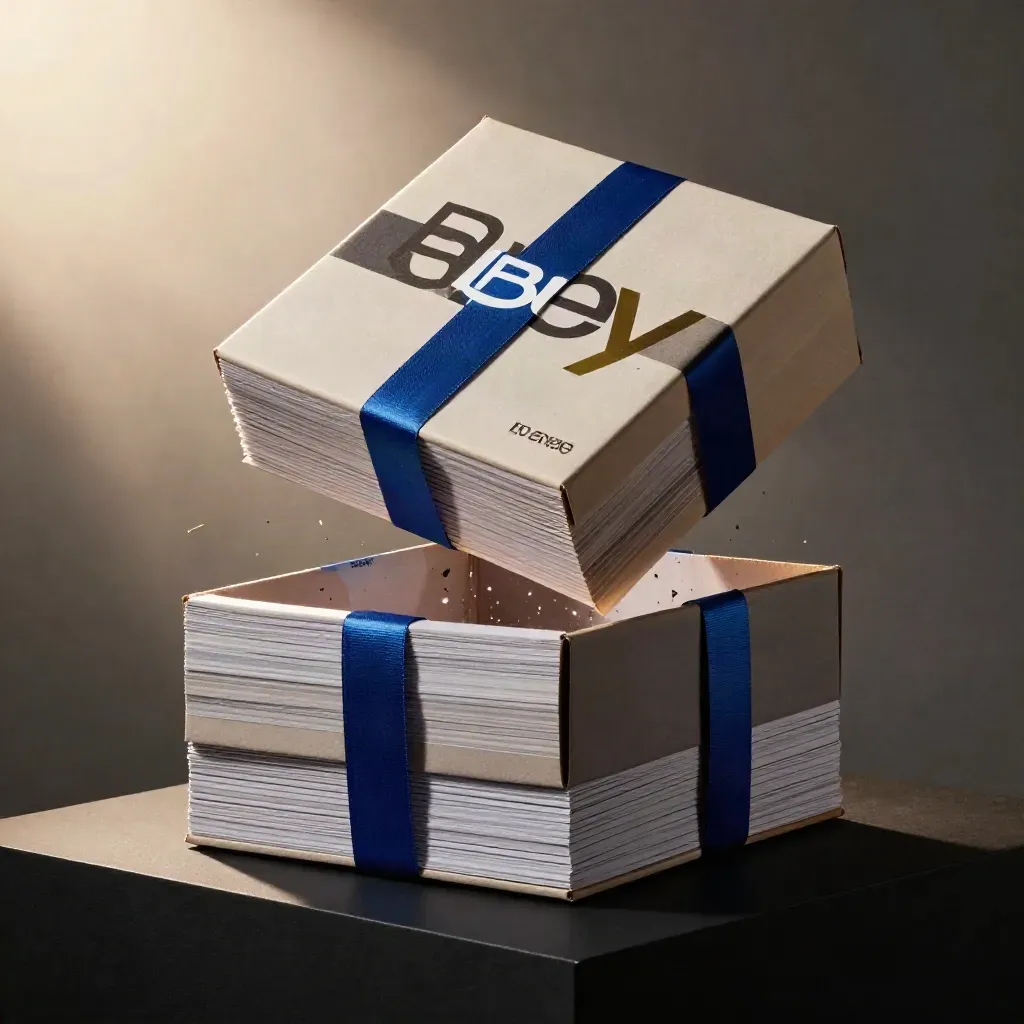 Offene Kursbox für eBay-Verkaufen mit Modulen und blauer Schleife auf dunklem Sockel.