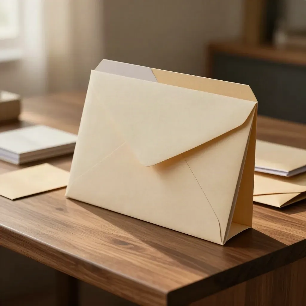 Stehender A4-Versandordner mit Umschlag und Paket-Sleeve auf warmem Holztisch.