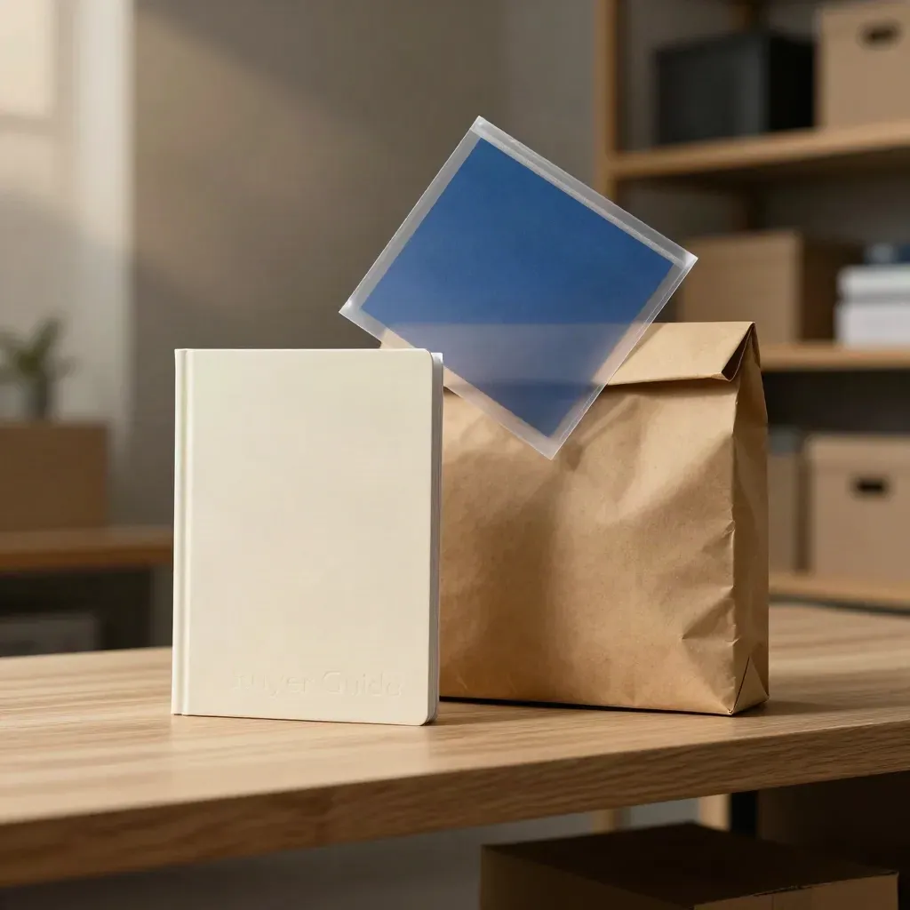 Ratgeberheft neben versiegeltem Rücksendepaket und aufgefaltetem Schutzumschlag auf heller Holzfläche.