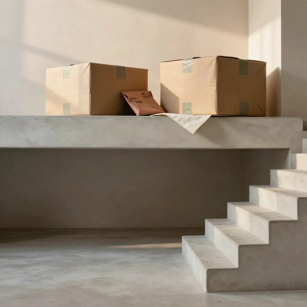 Paketformen auf einer Beton-Treppe mit viel Ruhe im unteren Bildteil und hellem Oberlicht