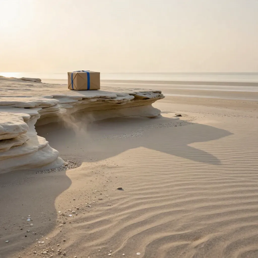 Düne am Meer im goldenen Licht mit Stein und unscharfem Paket im Nebel