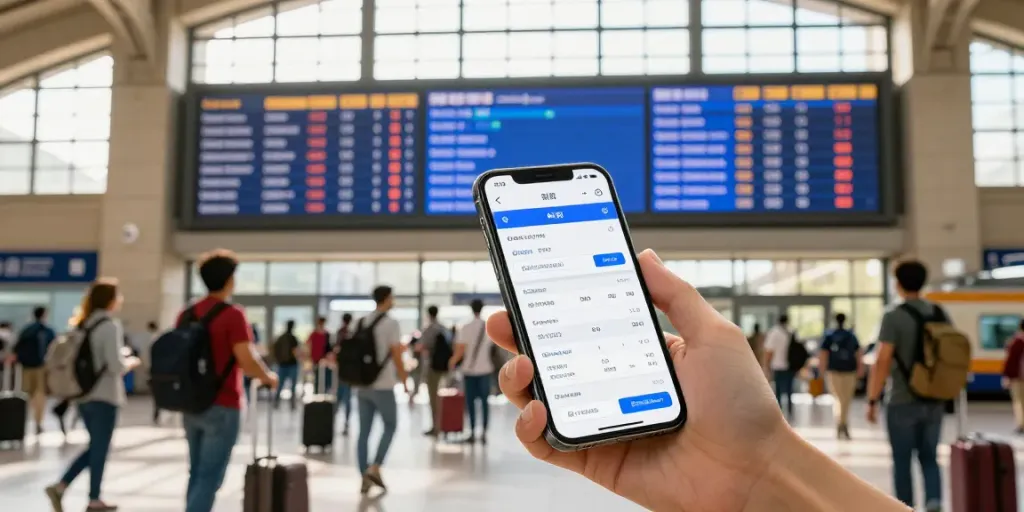 Zugticket Preise vergleichen in einem belebten Bahnhof mit Reisenden und digitalen Anzeigetafeln.