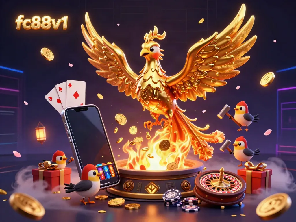 Experience thrilling gameplay with fc88v1 as a majestic golden phoenix transforms and coins rain down in this vibrant casino scene.