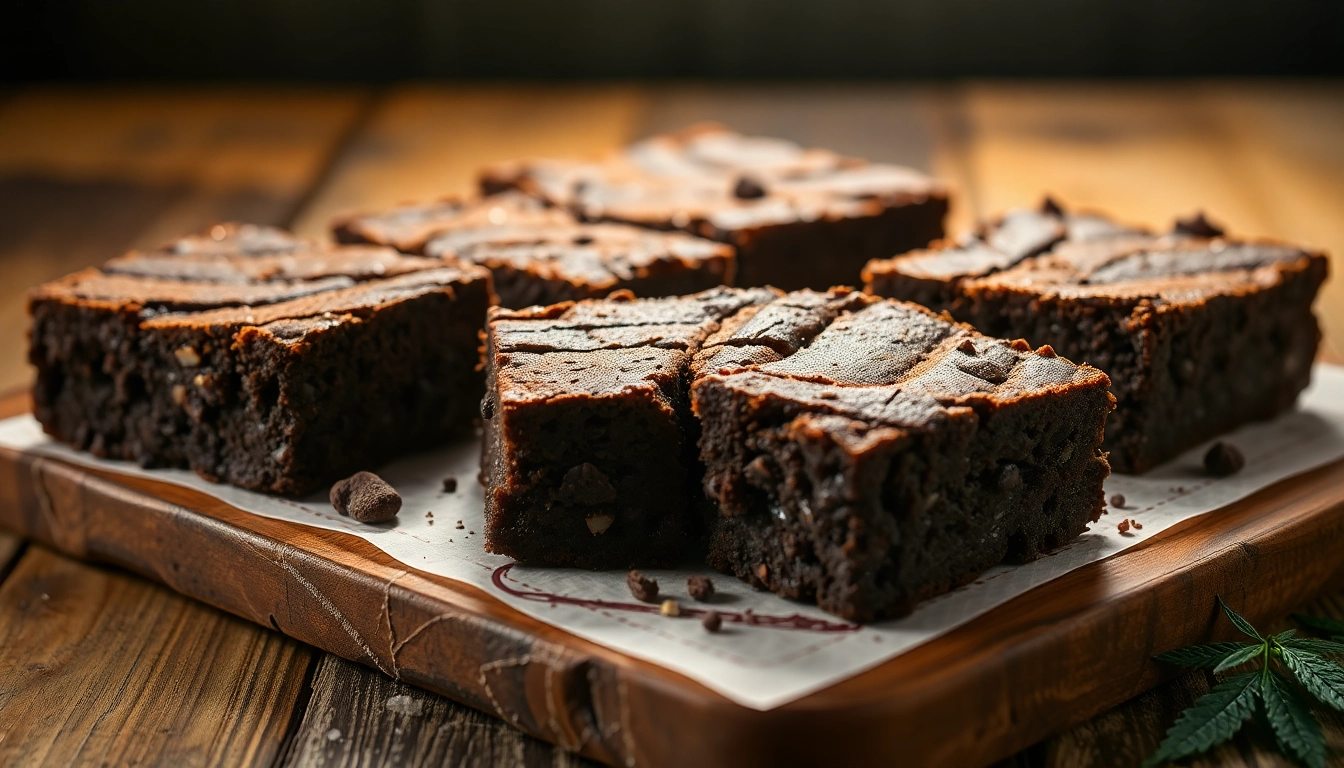 Leckere Cannabis Brownies, frisch gebacken und glänzend, auf einem Holzbrett serviert.