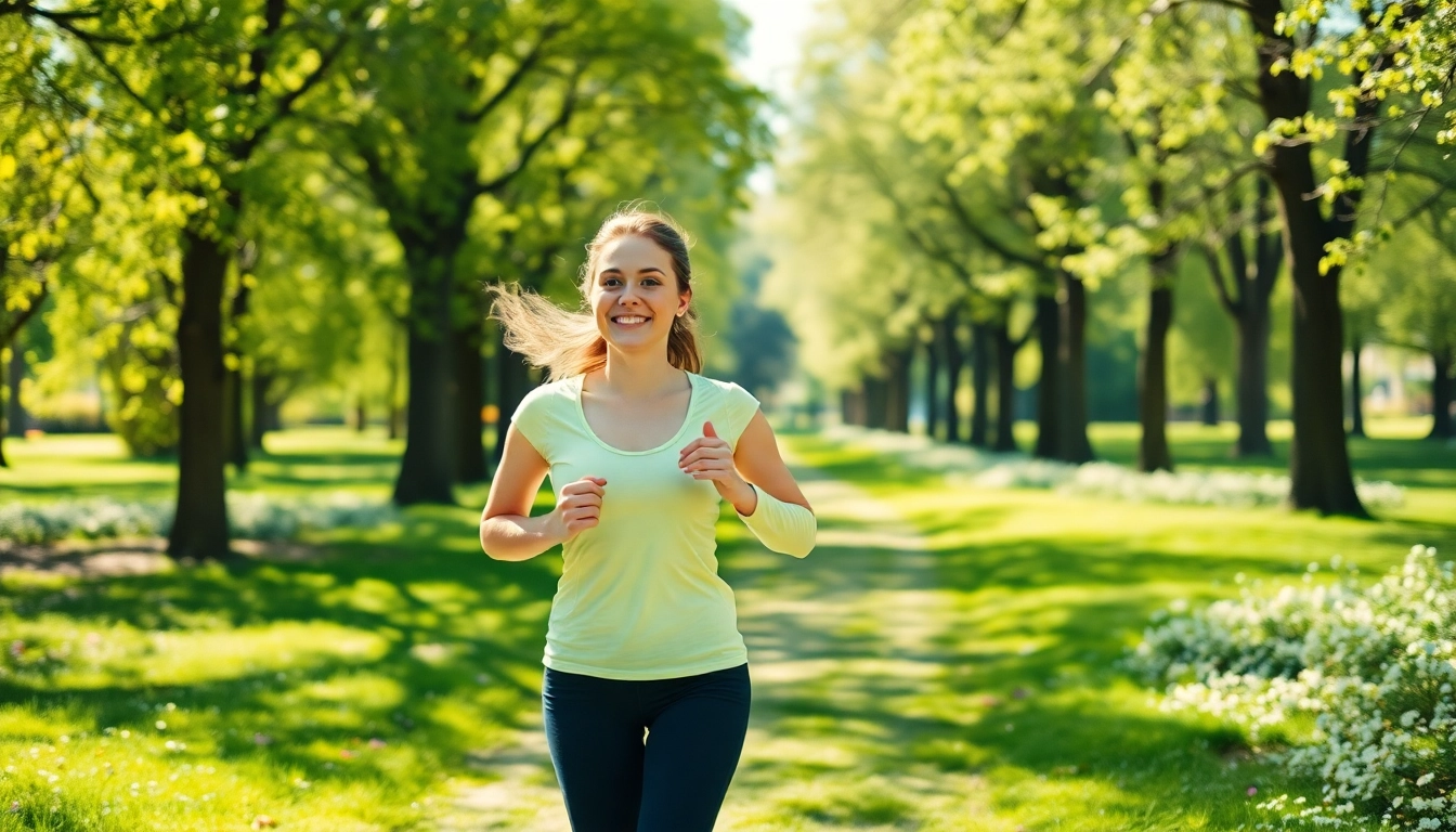 Aktive Person joggt im Park, verkörpert gesunden Gewichtsverlust und Lebensstil.