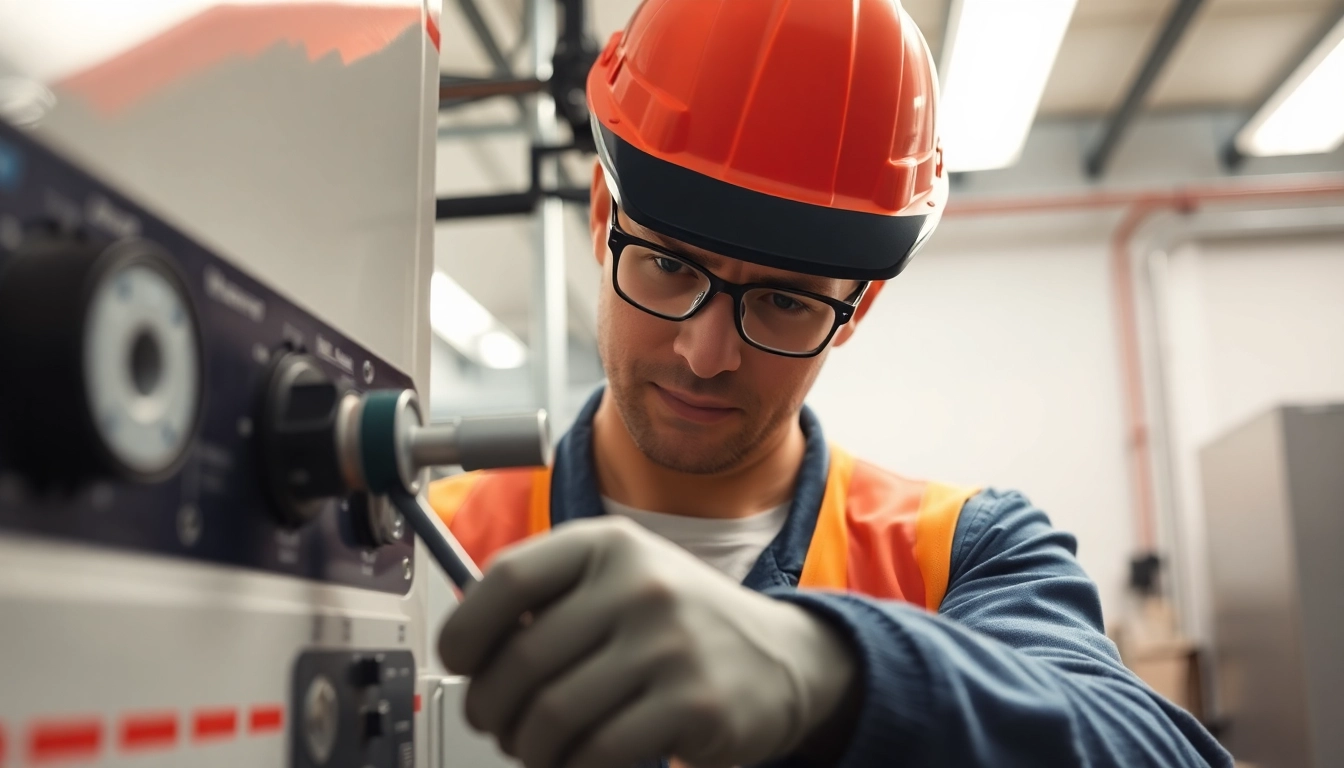 Technician performing a DGUV V3 Prüfung on electrical devices with safety measures in a well-lit workshop.