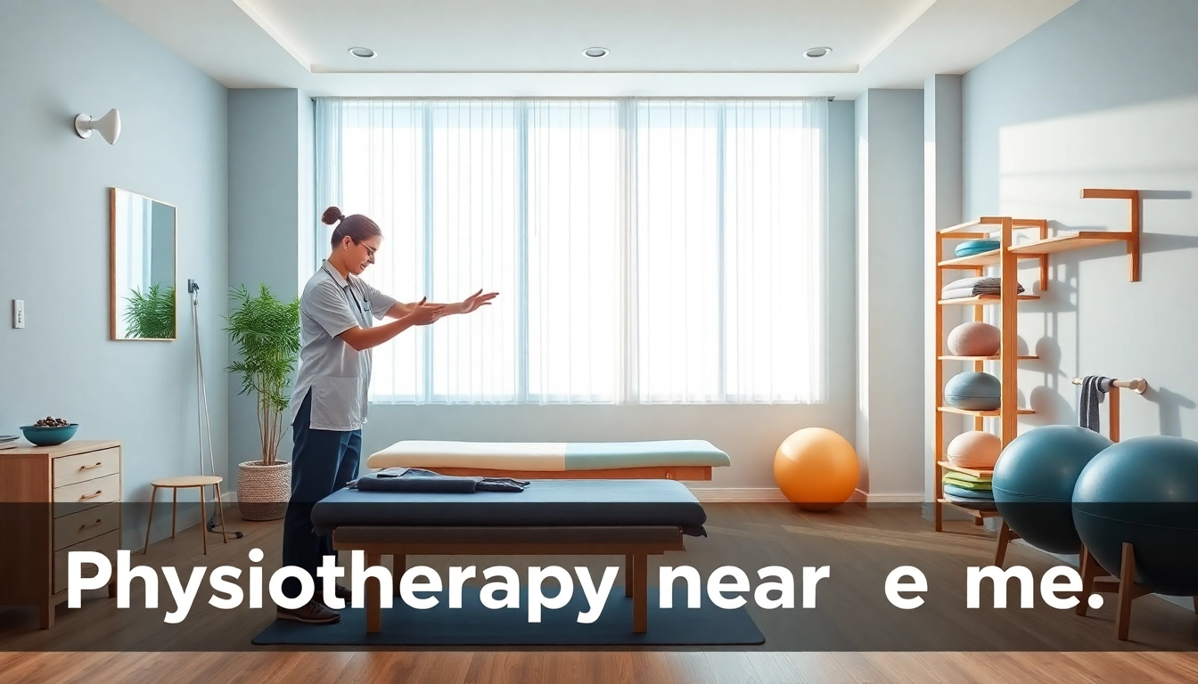 Discover physiotherapy near me, showing a supportive physiotherapist guiding a patient through exercises in a calming clinic environment.