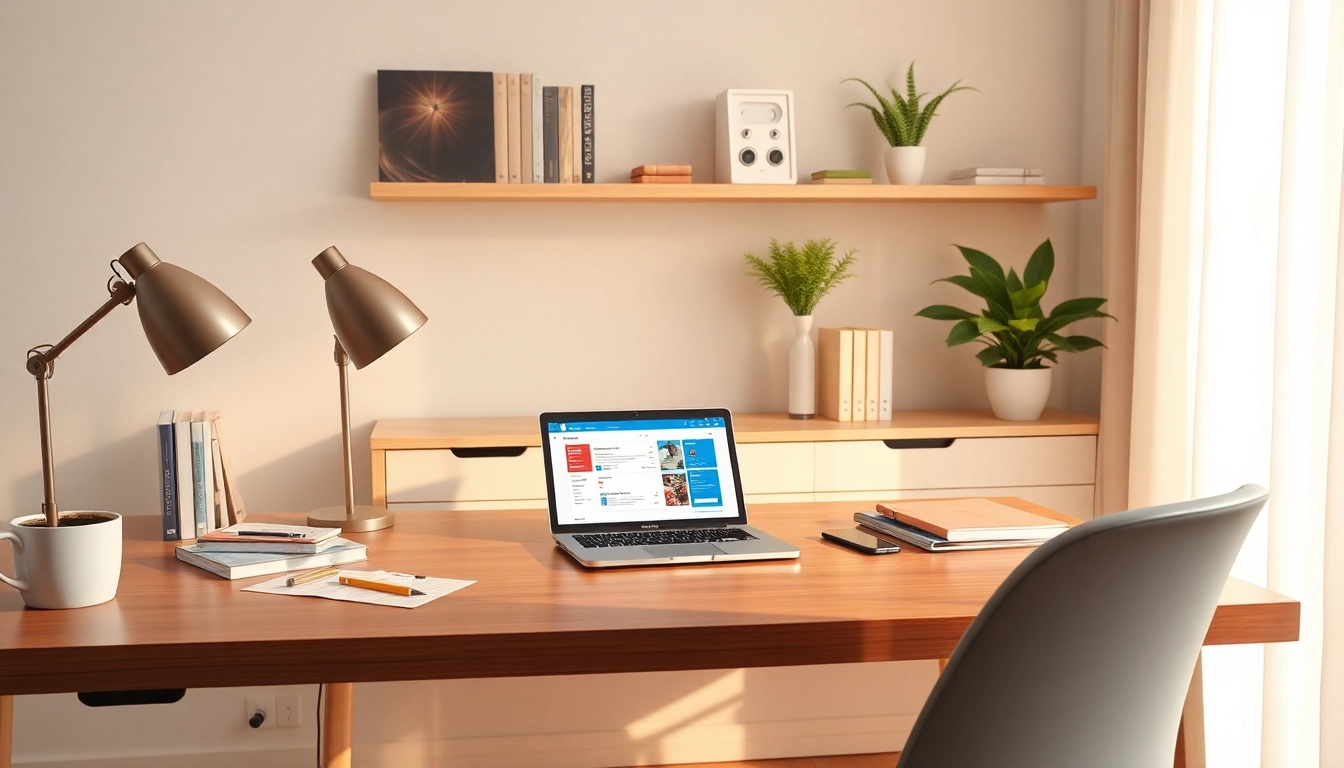 Erkunden Sie die Vorteile von Office 2024 mit Outlook und Access in einem modernen Home-Office-Setup mit einem Laptop.