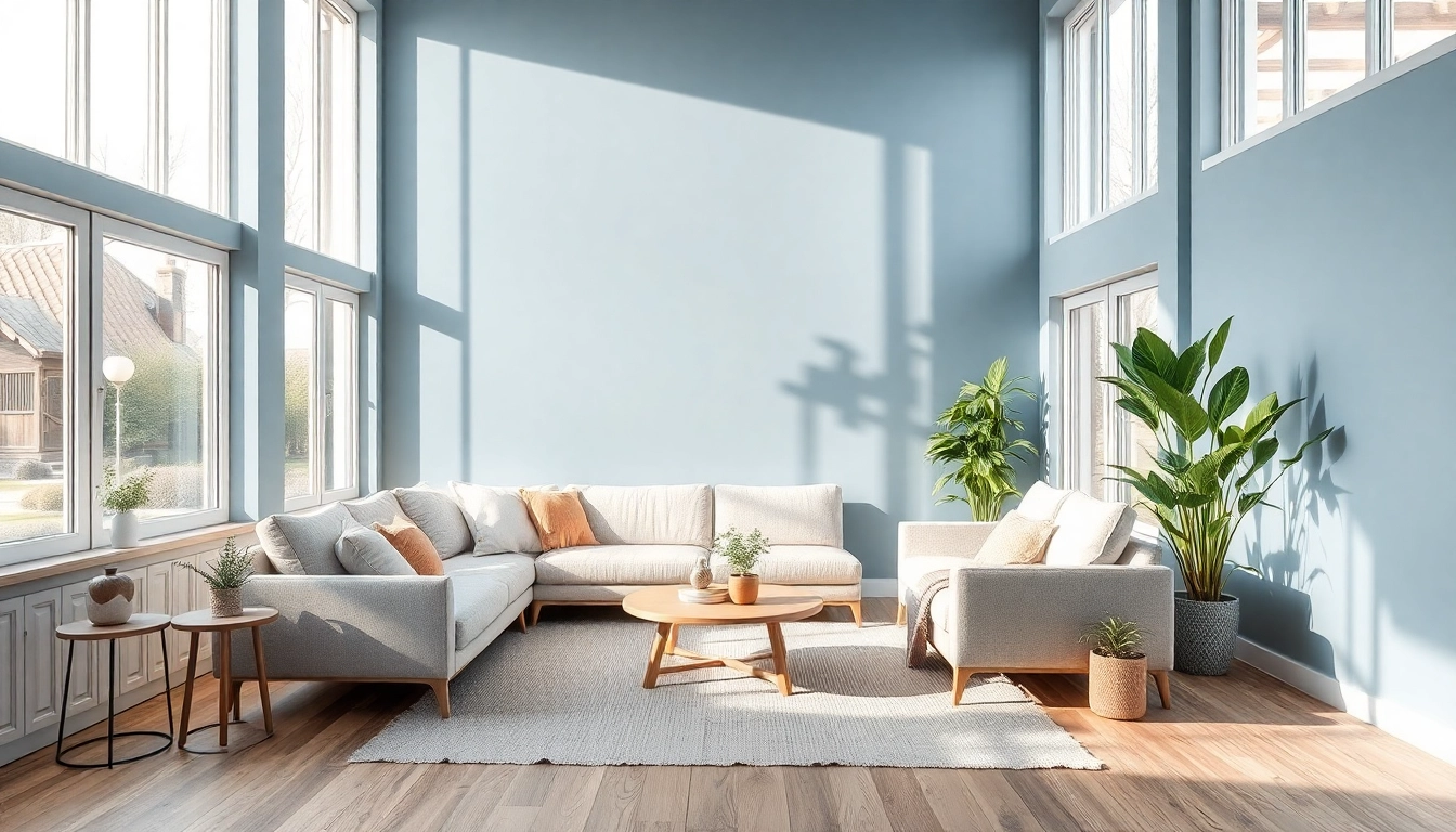 Gestalte einen einladenden Wohnraum mit harmonischen Farben und modernen Möbeln.