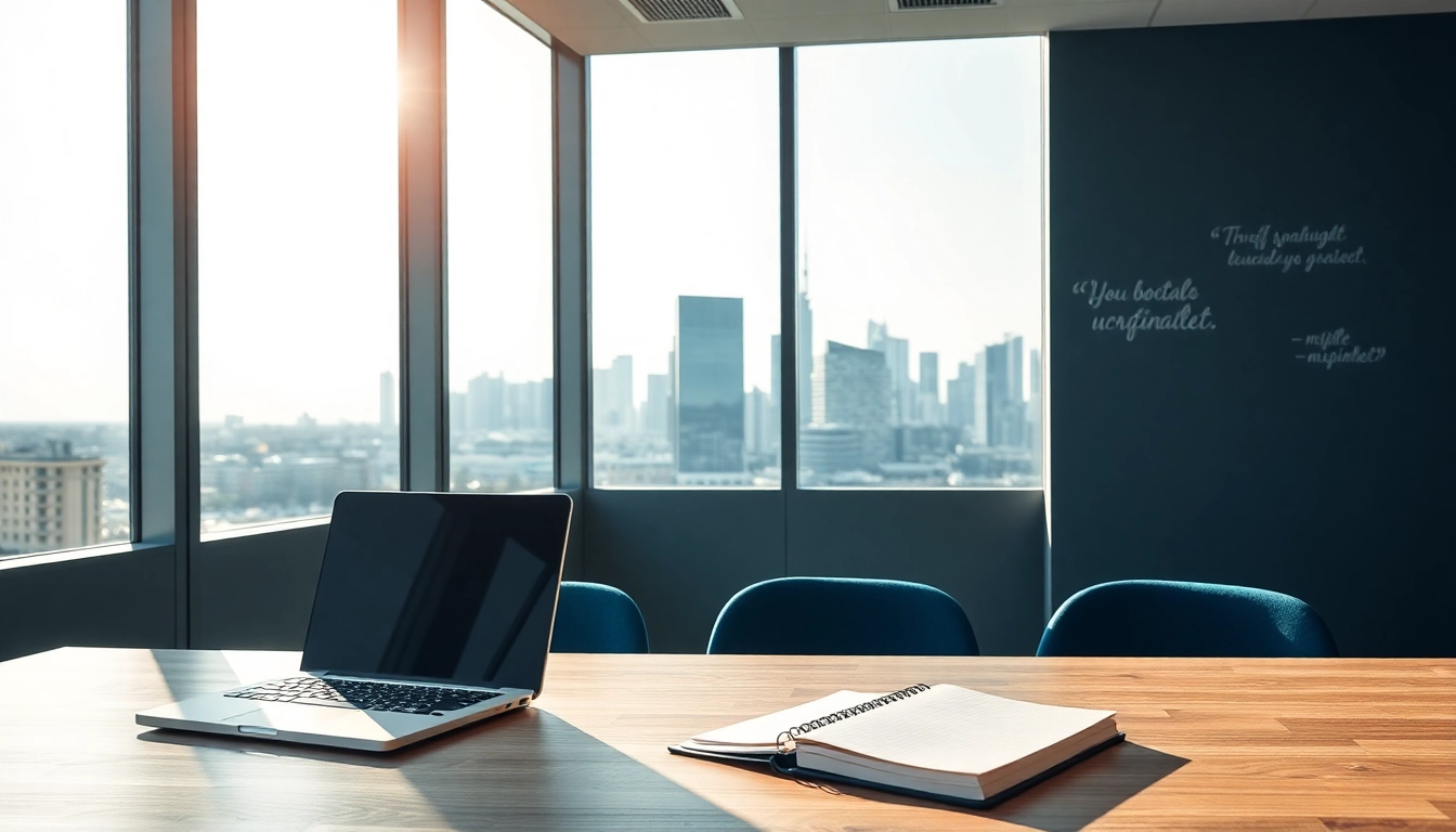 Professionellen Arbeitsplatz von Headhunter Frankfurt mit Laptop und Skyline.