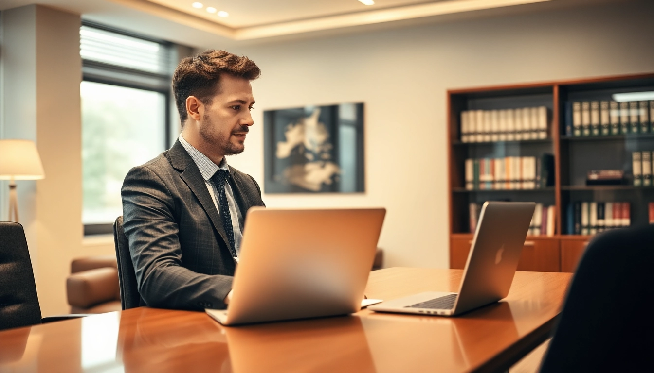 Headhunter Braunschweig am Schreibtisch in professionellem Büro, der mit Klienten kommuniziert.