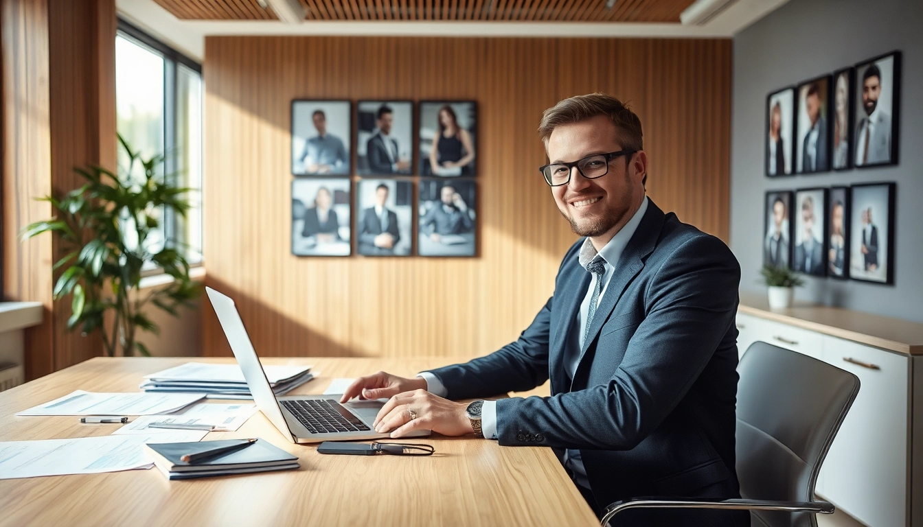 Interaktive Darstellung eines Headhunters Bochum bei der Arbeit, umgeben von Bewerbungsunterlagen und Erfolgsmomenten.