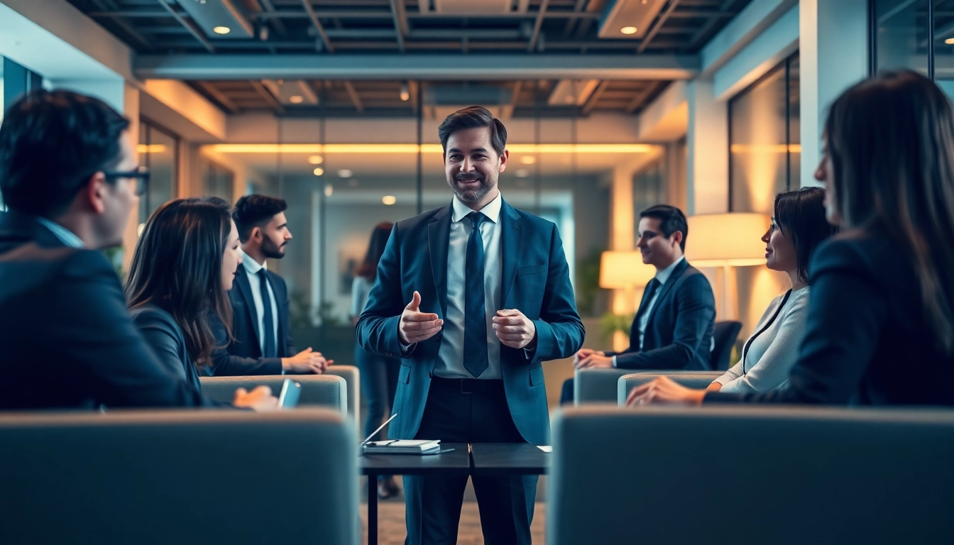 Headhunter discussing recruitment strategies in a modern office setting.