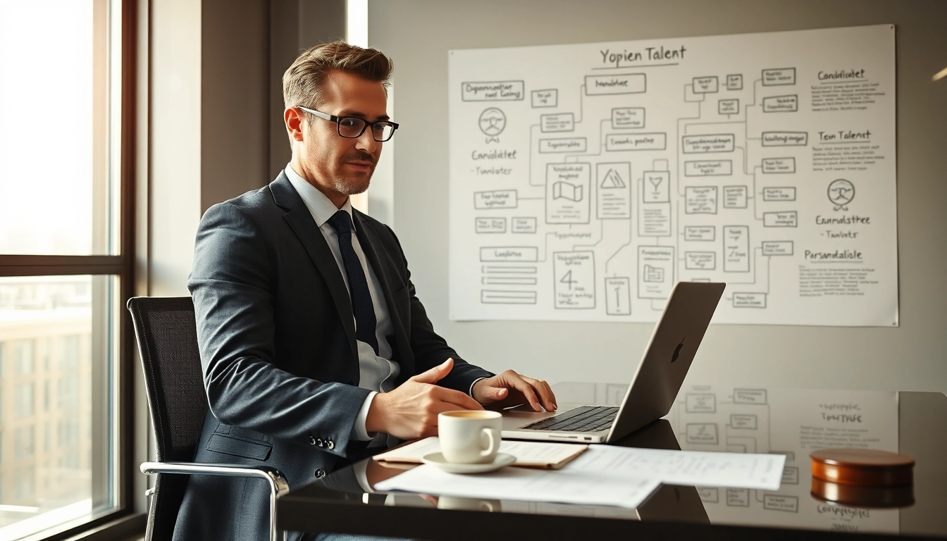 Headhunter arbeitet fokussiert an einem Laptop in einem modernen Büro.