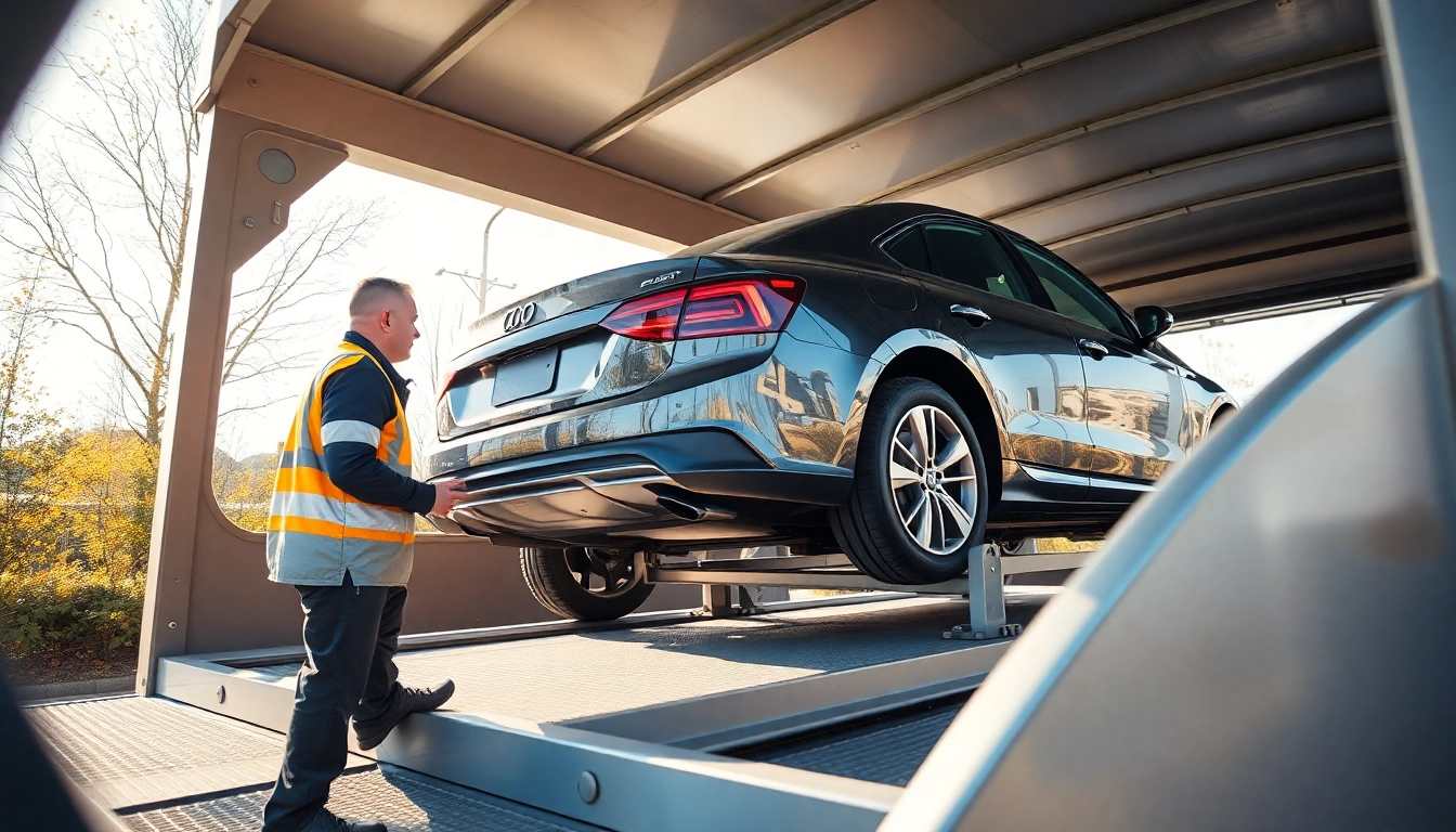 Autoverschrottung durch erfahrenen Schrotthändler bei sicherem Transport eines Fahrzeugs.