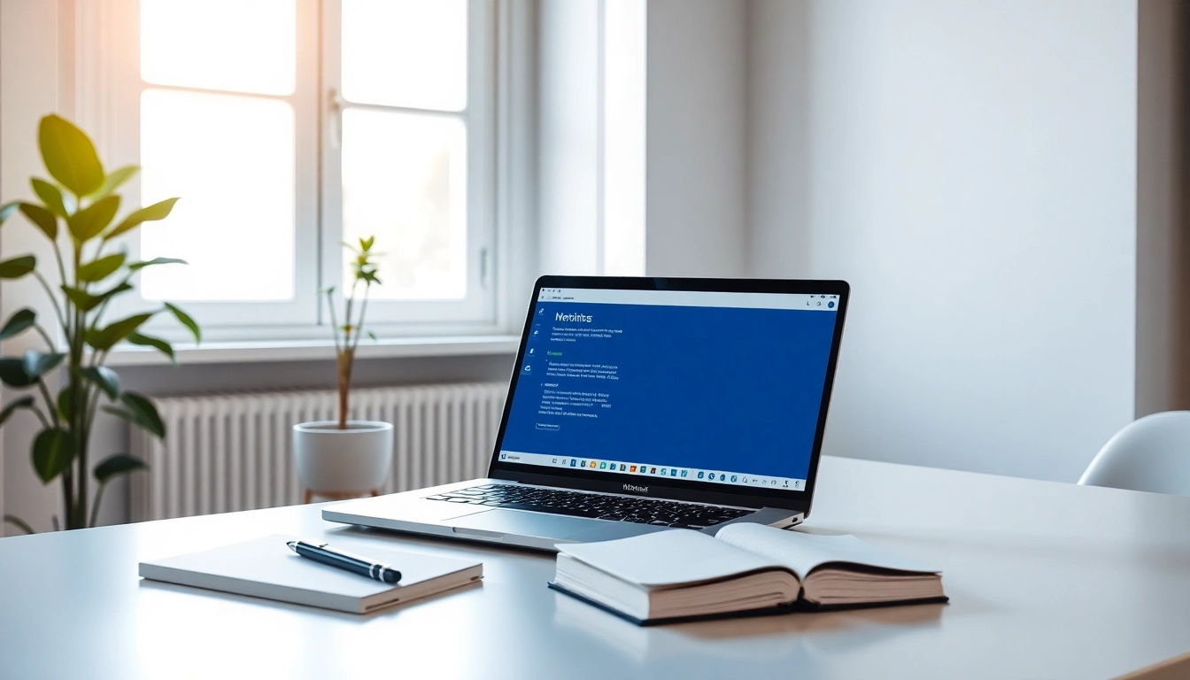 Professionelles Büro-Setup, das die Microsoft Office Suite präsentiert, mit Laptop, Notizbuch und stilvollem Licht.