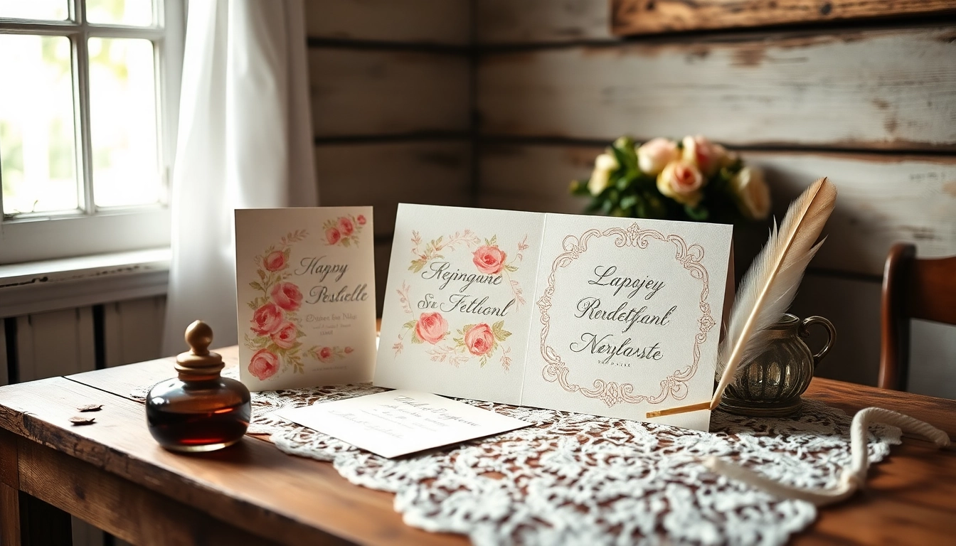 Gestalte Hochzeitskarten mit floralem Design und eleganter Calligraphie auf einem rustikalen Tisch.