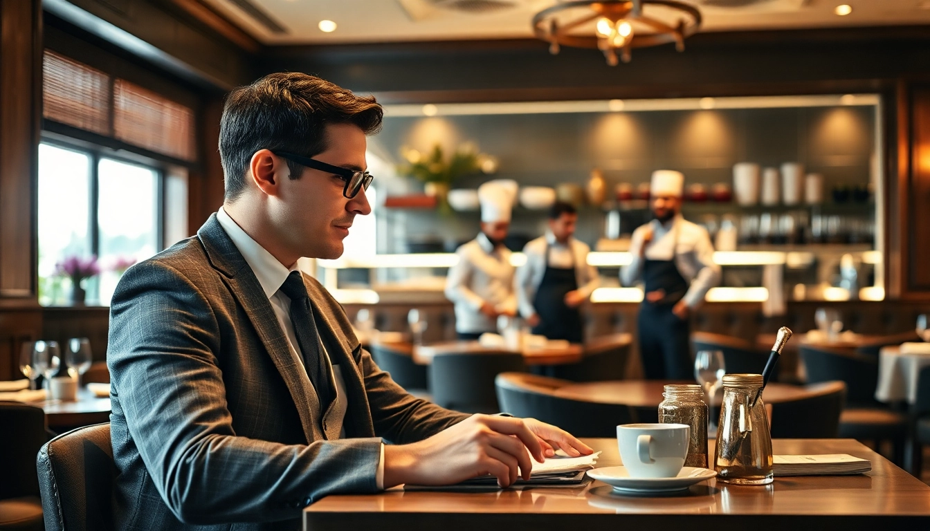 Headhunter Gastronomie bei der Arbeit in einem eleganten Restaurant, umgeben von Fachpersonal, das Anstellungsmöglichkeiten bietet.
