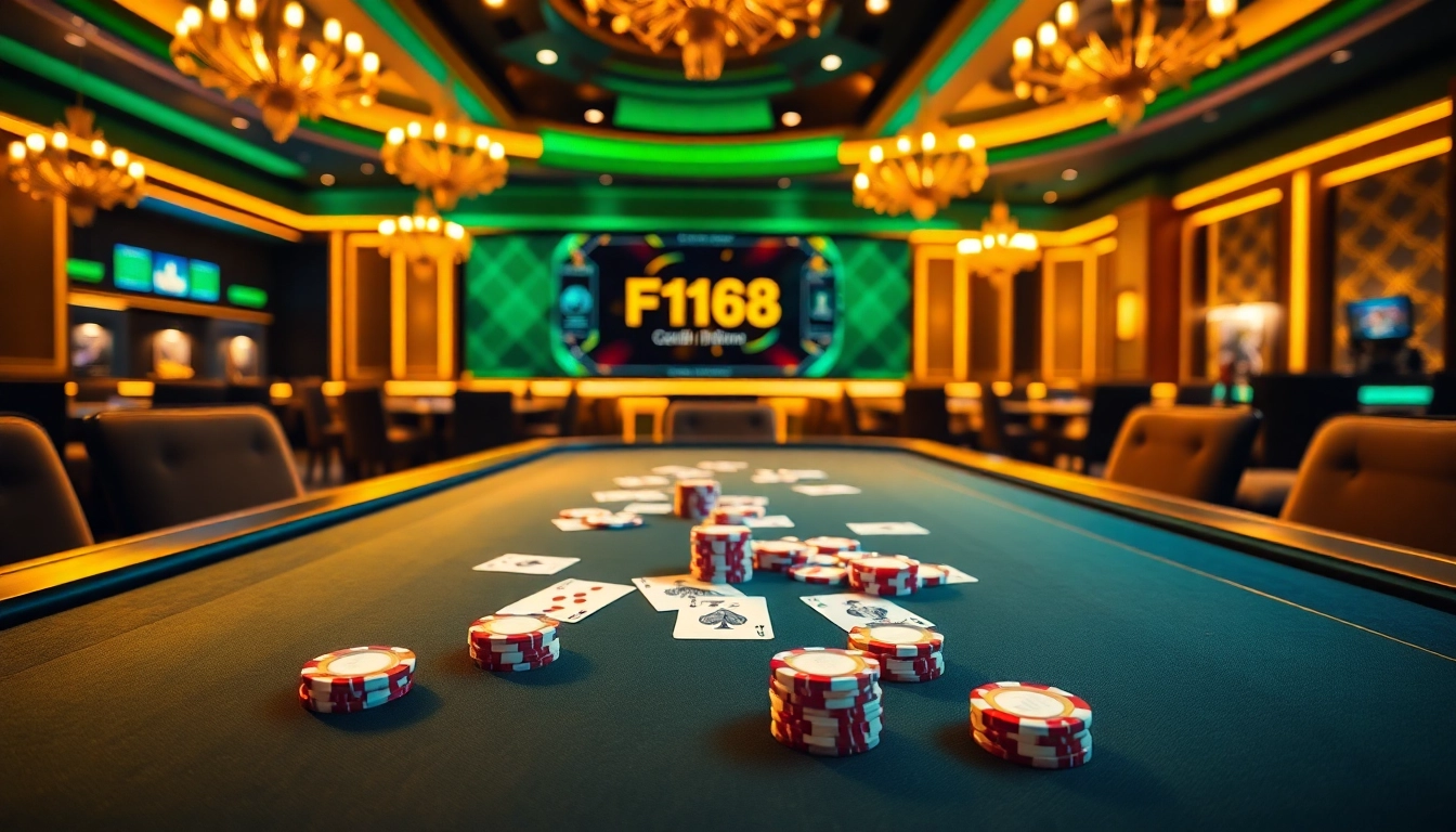 Engaging moment at F168 casino table, featuring cards and chips in an upscale setting.
