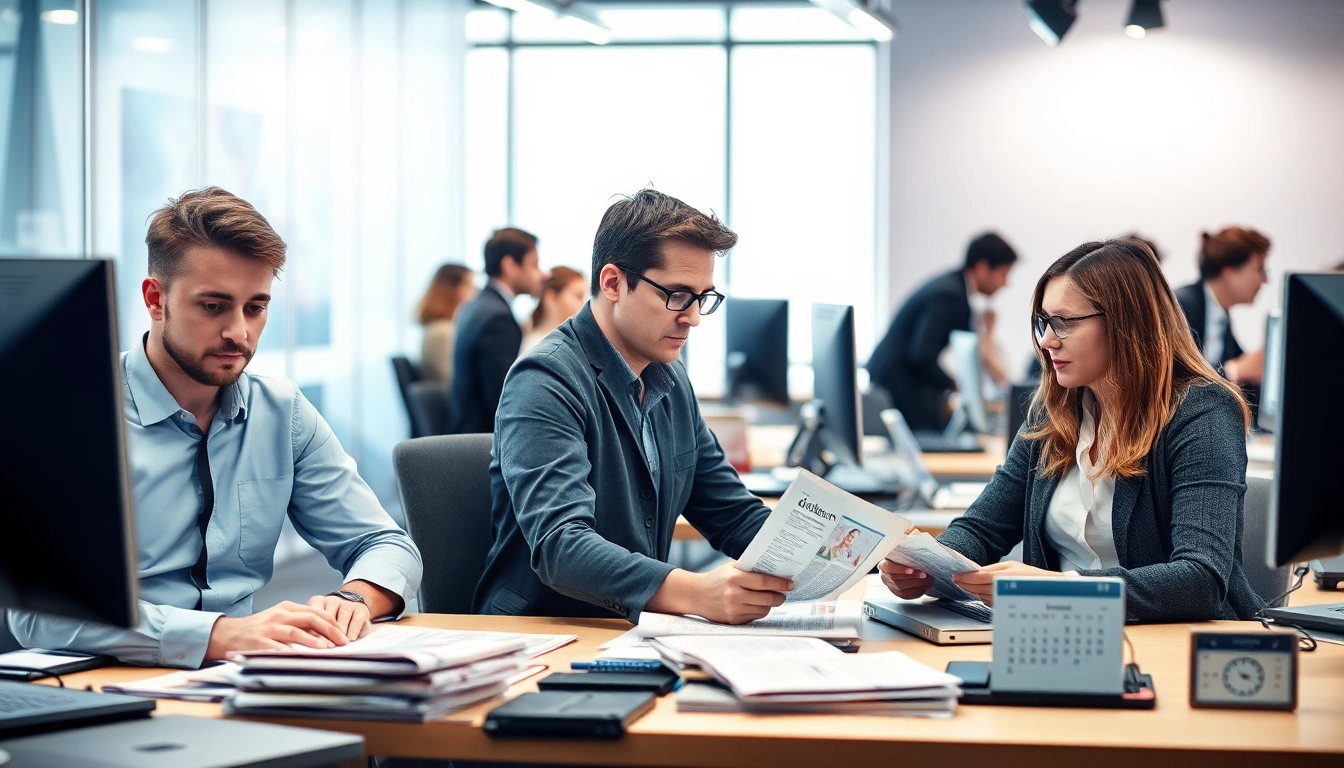 Veranschaulichen Sie das Team, das aktiv an der Erstellung von Politik Nachrichten Deutschland arbeitet, in einer dynamischen Nachrichtenredaktion.