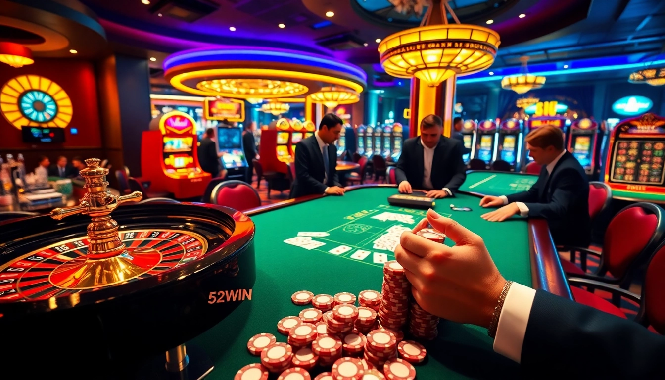 Experience thrilling gameplay with 52WIN at vibrant casino tables filled with poker chips and slot machines.