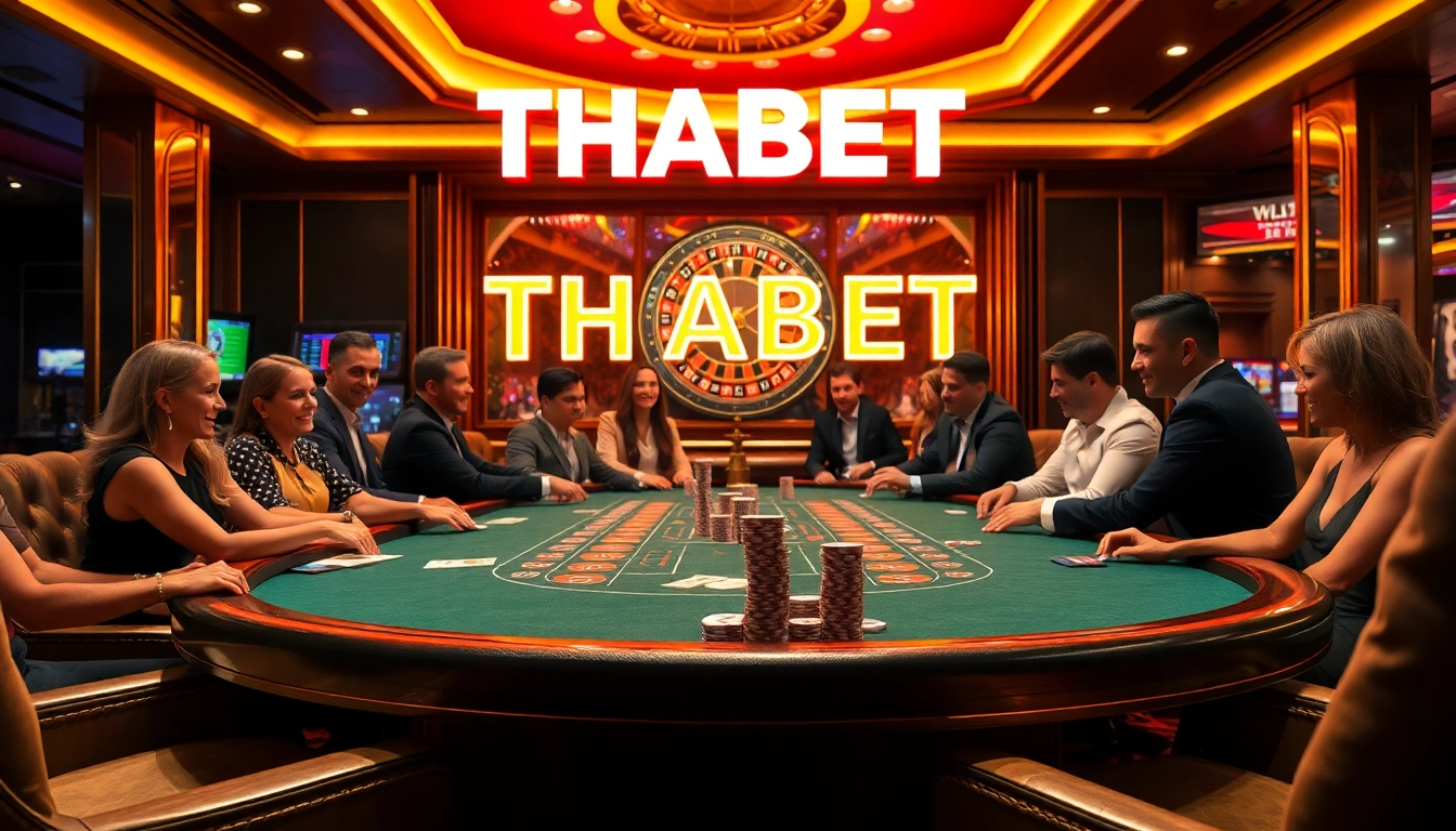 THABET casino scene with poker players enjoying high stakes and vibrant atmosphere.