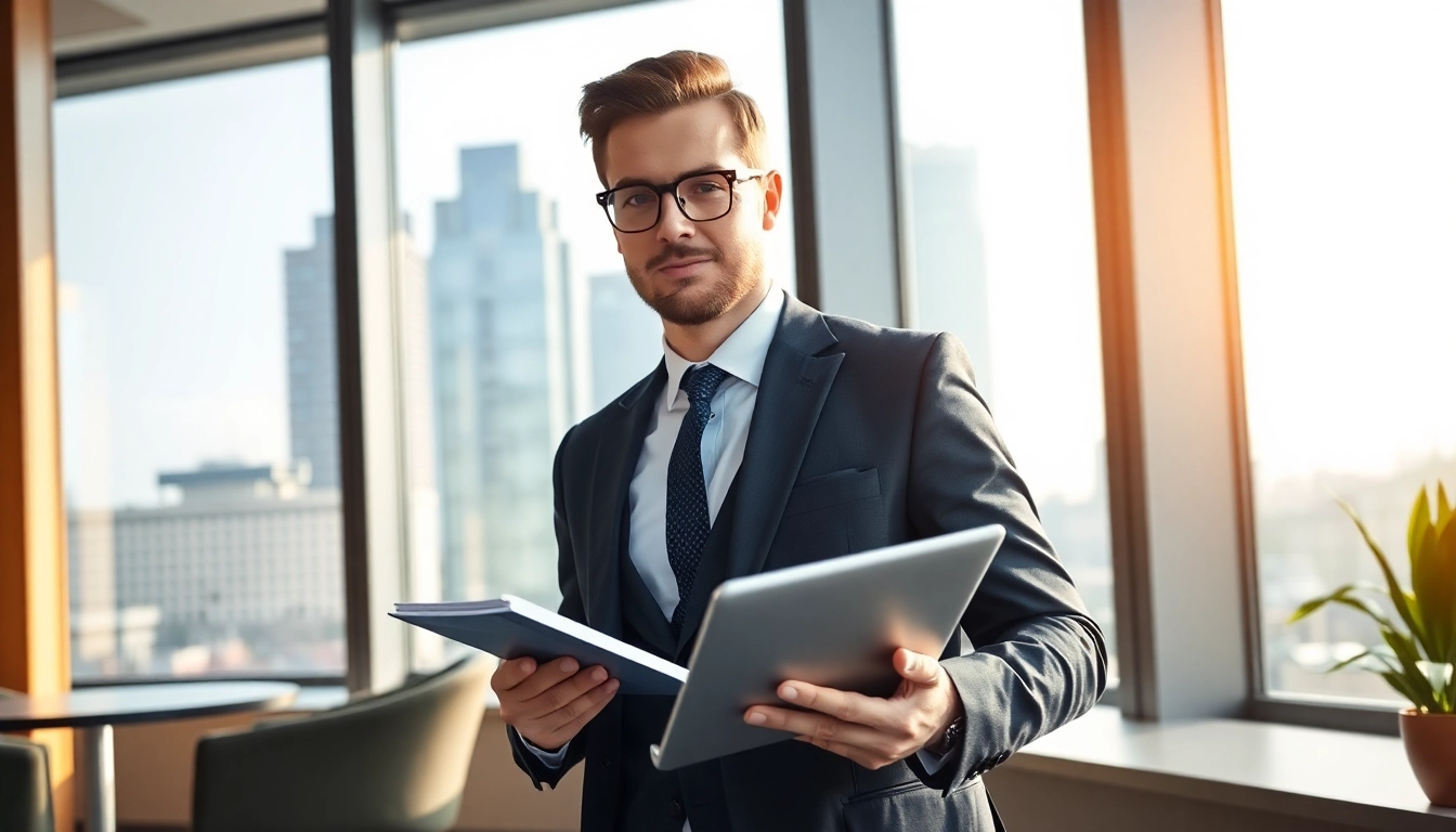 Headhunter Gastronomie, der in einem modernen Büro arbeitet, umgeben von einer beeindruckenden Stadtansicht.