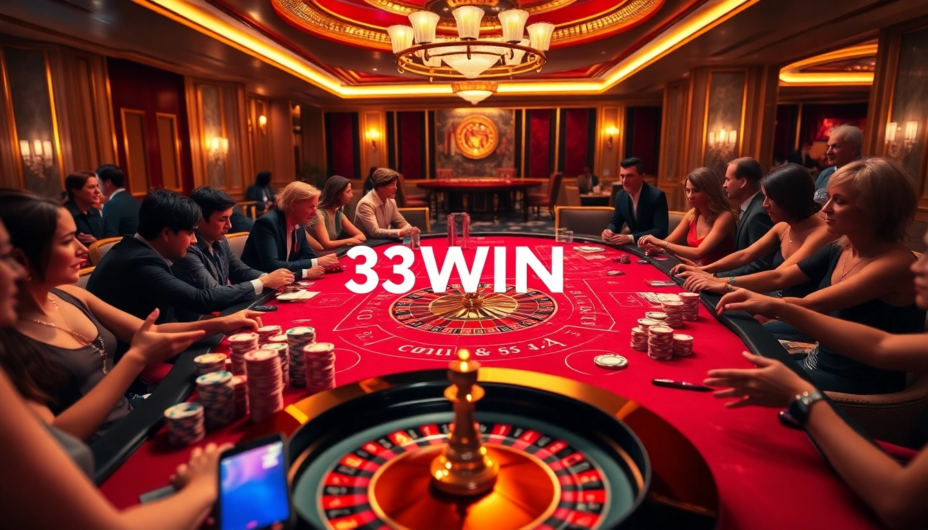 Engaged players at a luxurious casino table featuring 33WIN branded poker chips and cards.