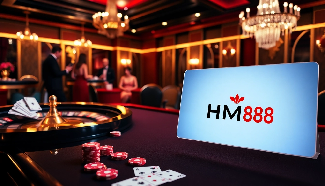 Exciting gambling scene featuring HM88's logo at a luxurious casino table with poker chips and cards.