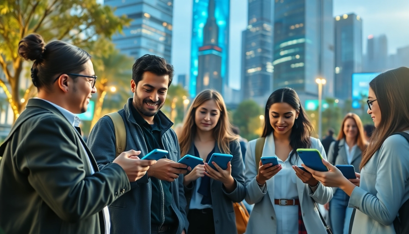 Technologie in einem urbanen Umfeld, Menschen interagieren mit modernen Geräten