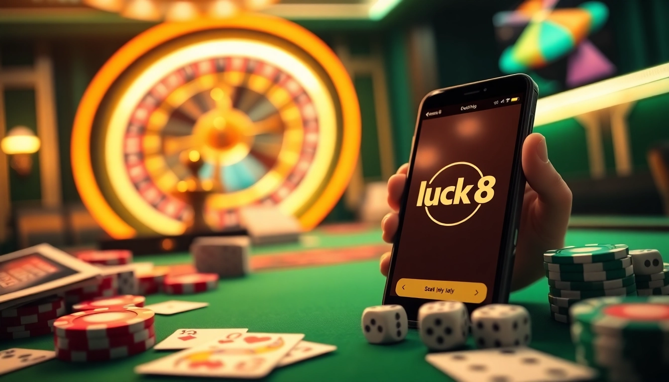 Experience excitement at Luck8 with vibrant casino chips and a spinning roulette wheel in a dynamic gaming scene.