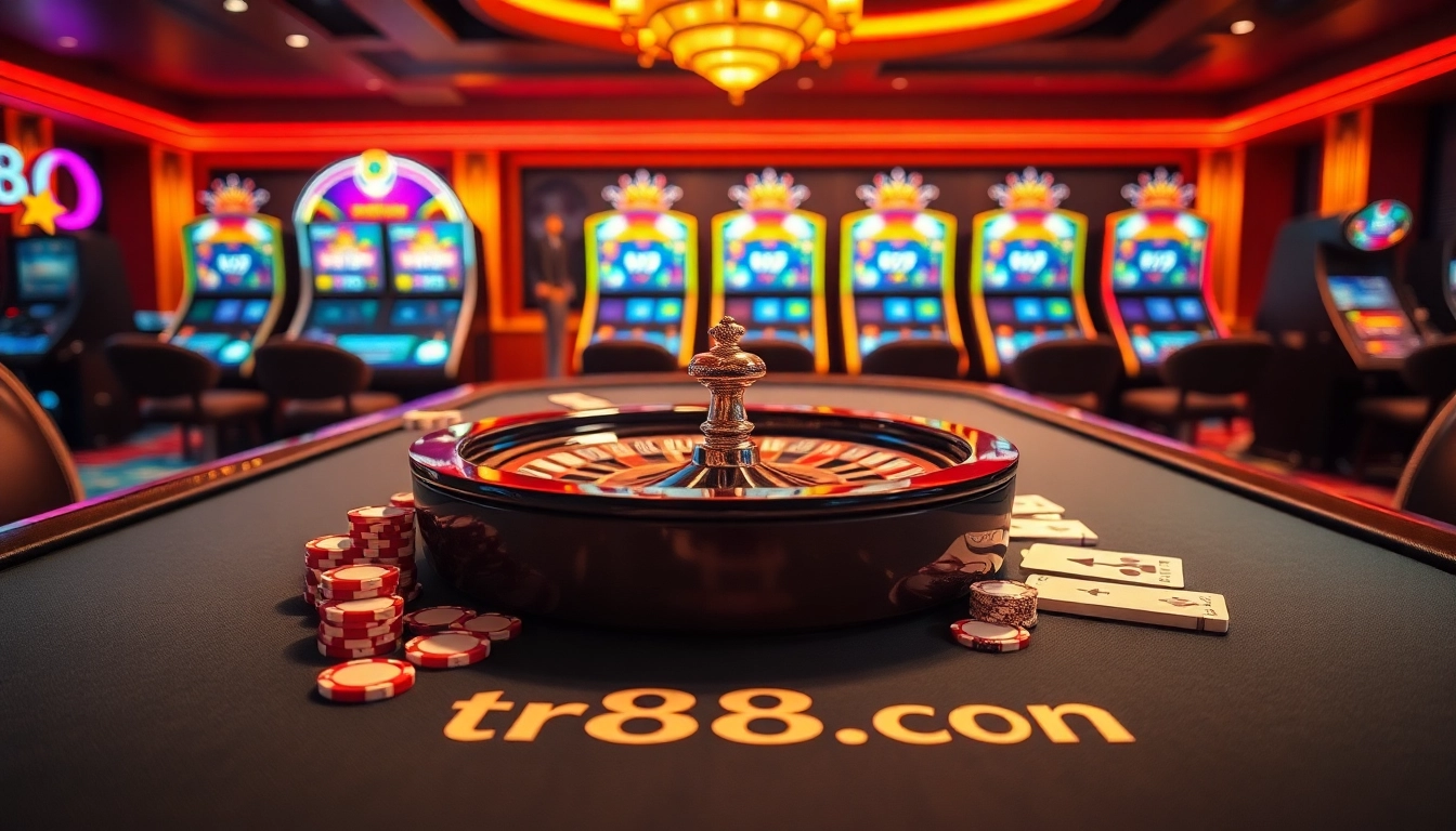 Experience exciting winning moments at tr88.com with vibrant casino action, poker chips, and roulette wheel.