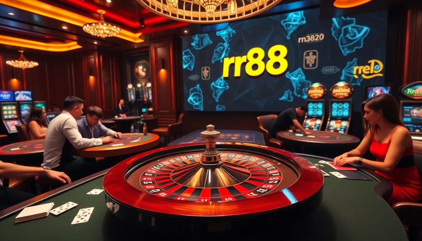 Experience the excitement of rr88 with a captivating casino scene featuring roulette, poker, and vibrant slot machines.