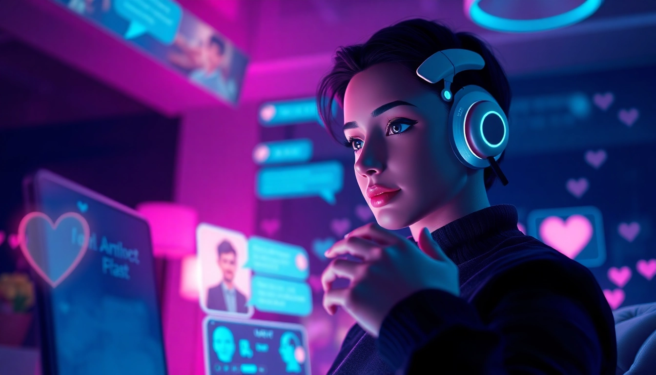 Engaging in sex AI chat with a friendly digital companion in a vibrant, intimate space.