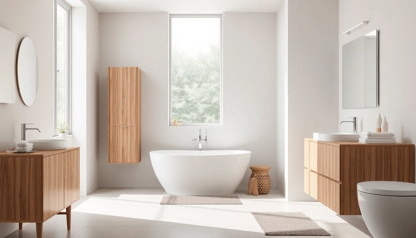 Elegantes Badezimmer mit Sonni Sanitär Produkten, das eine moderne Duschkabine und stilvolle Möbel zeigt.