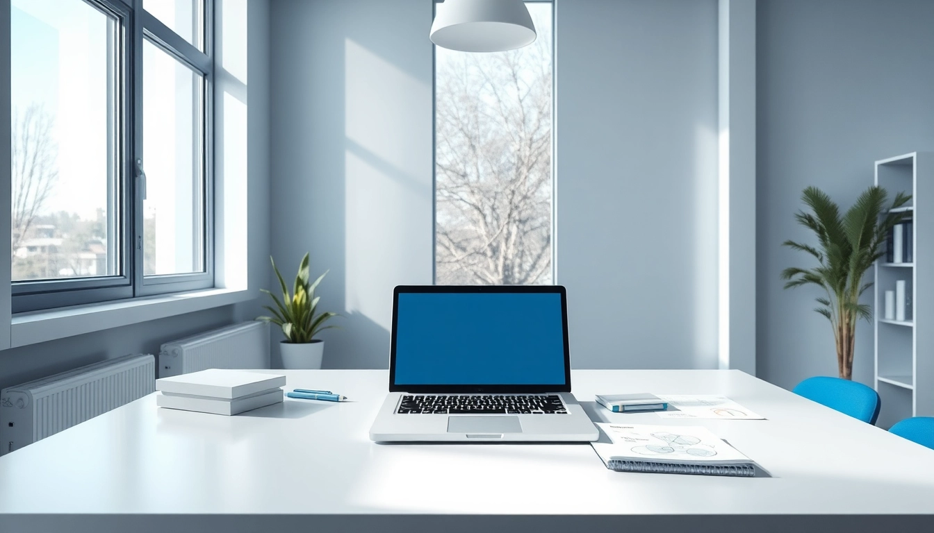 Entdecken Sie Microsoft Office 2024 Vollversion für Unternehmen auf einem modernen Schreibtisch in einem hellen Büro.