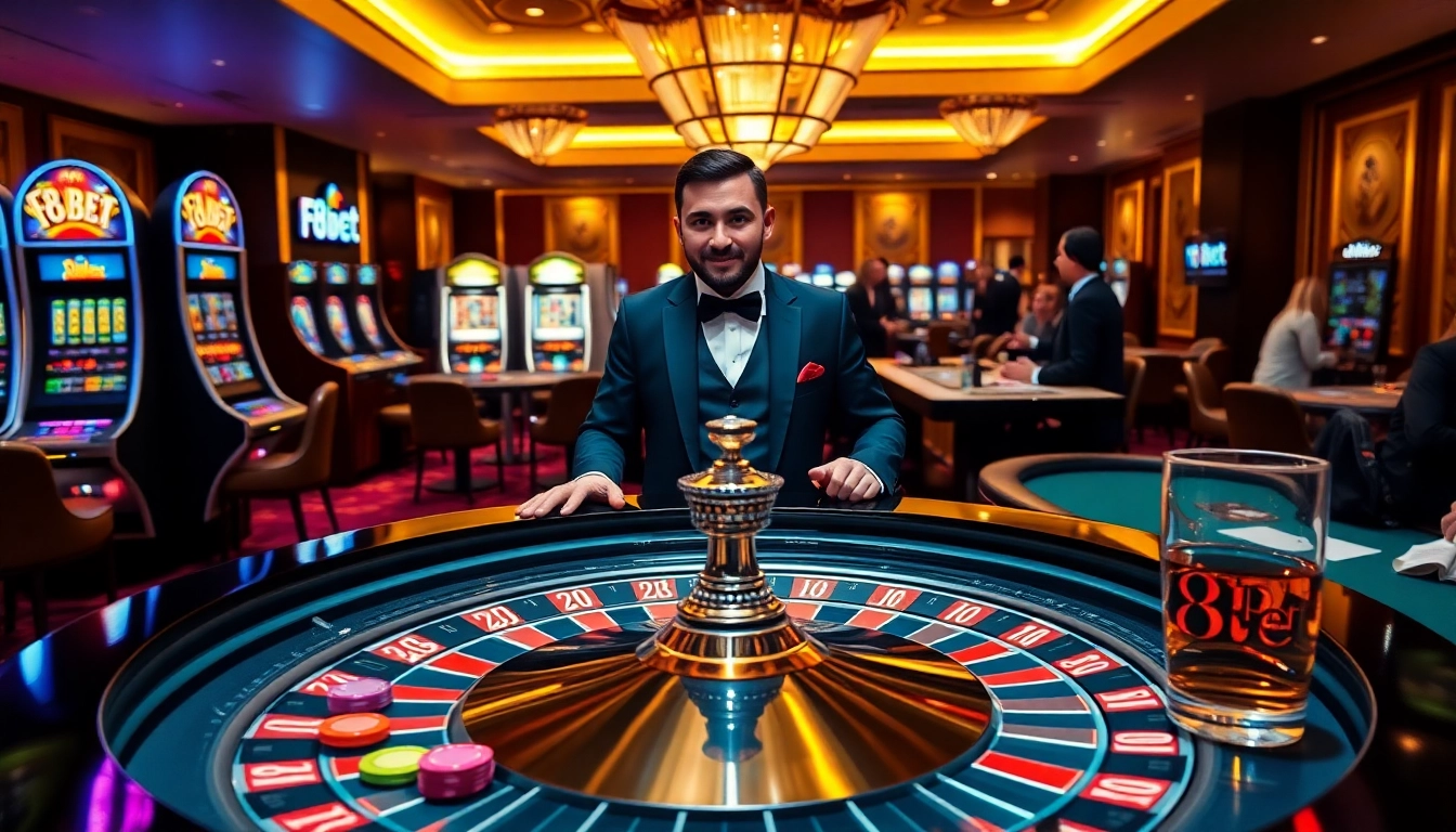 Experience thrilling gameplay at F8Bet with luxurious casino tables and vibrant slot machines.