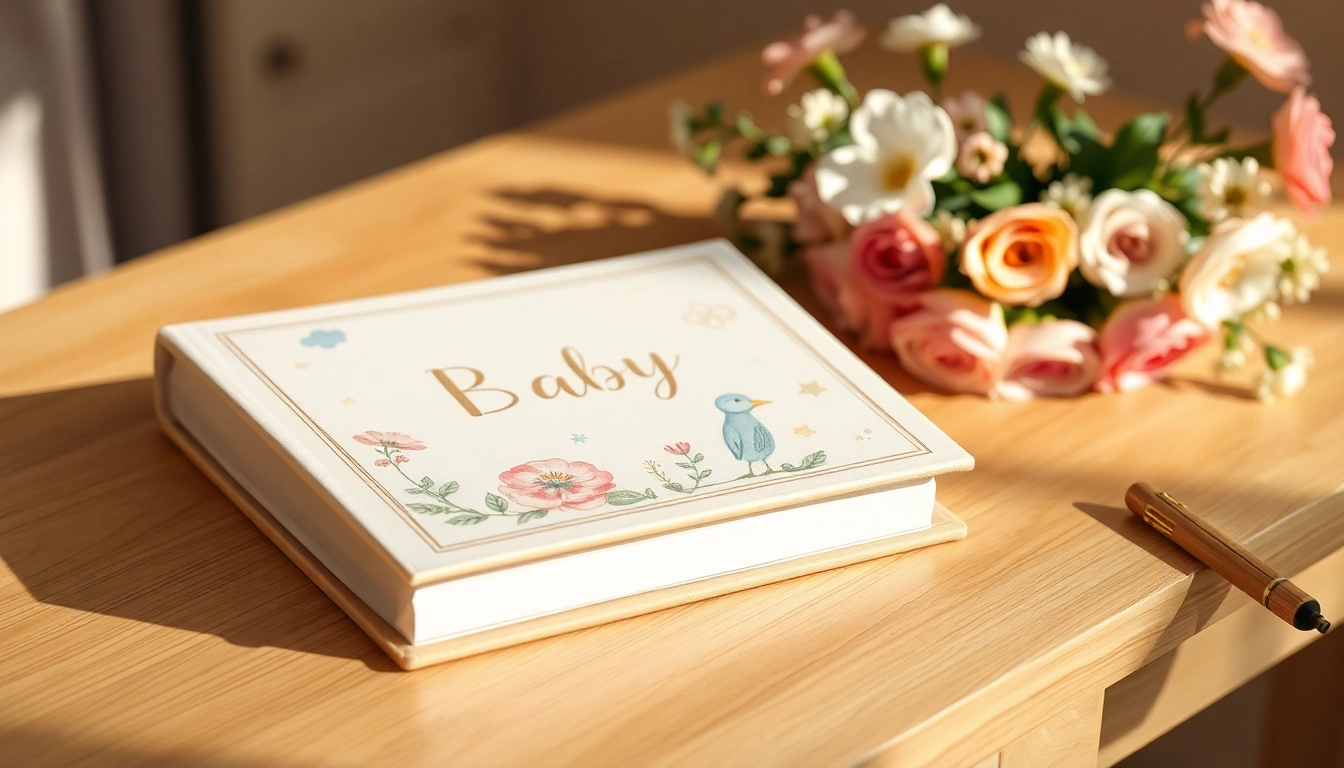 Gestalte ein nostalgisches Babyalbum mit bunten Illustrationen und goldenen Akzenten auf einem hellen Schreibtisch.