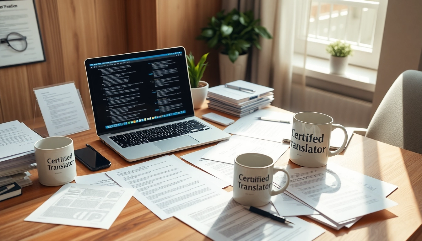 professioneller Arbeitsplatz für Beglaubigte Übersetzung mit Unterlagen und Laptop