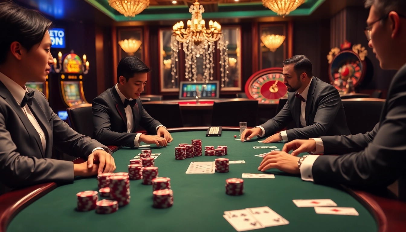 Experience the excitement of BET88 with an elegant poker game surrounded by vibrant casino visuals.