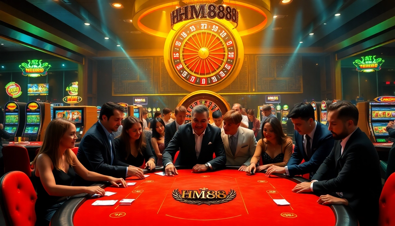 Engage in a thrilling poker game at HM88, surrounded by vibrant casino excitement and luxury.