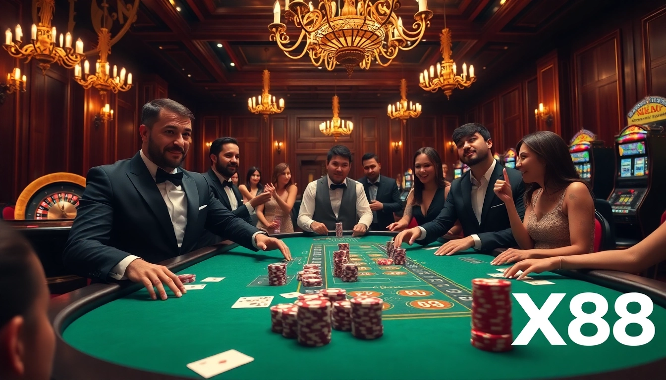 Players engaging in high-stakes poker at a luxurious XX88 casino table.