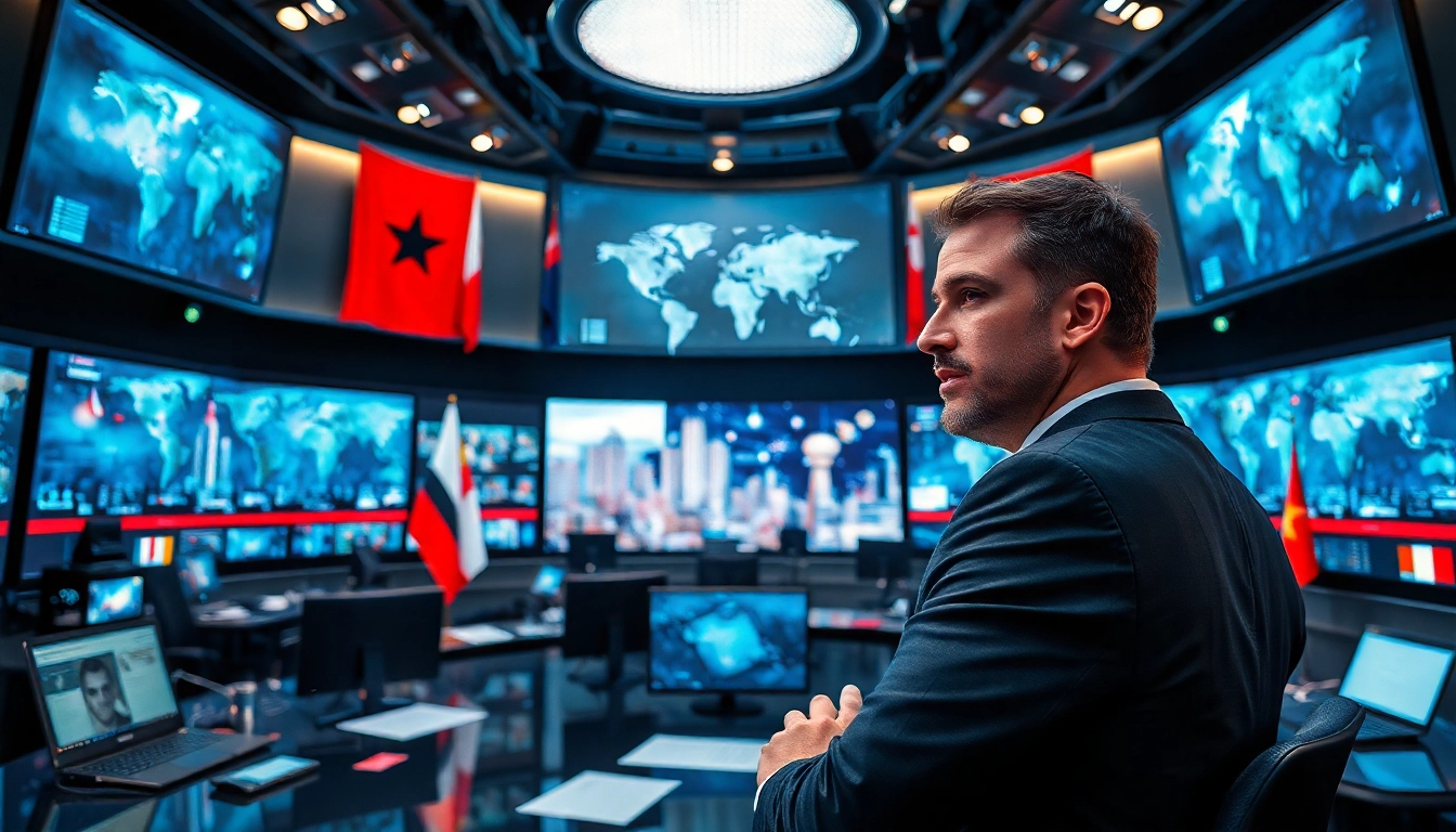 Ein Journalist im modernen Nachrichtenstudio, der internationale Nachrichten präsentiert.