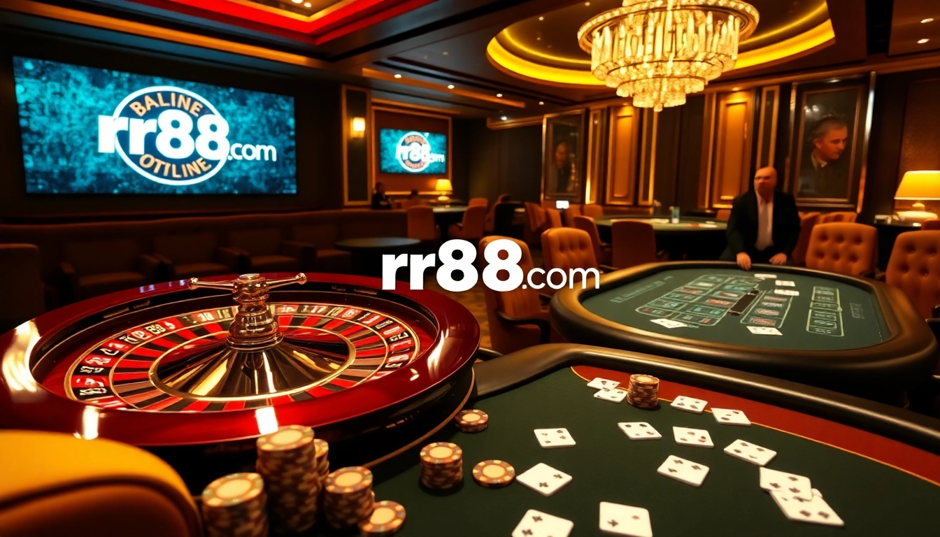 Experience the excitement of rr88com with a vibrant casino scene featuring roulette, poker, and blackjack.