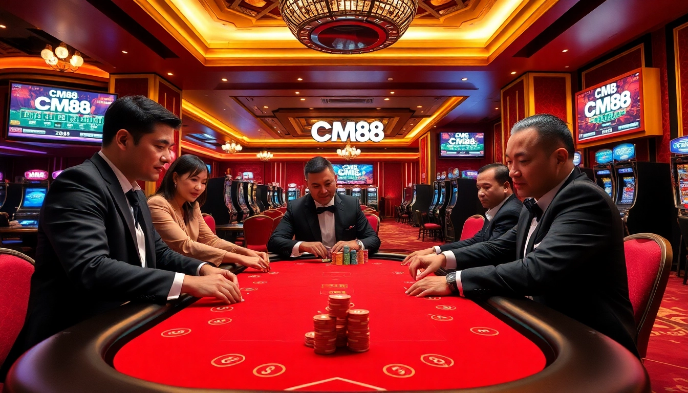 Players enjoy a high-stakes game at CM88 casino, showcasing exciting poker action.